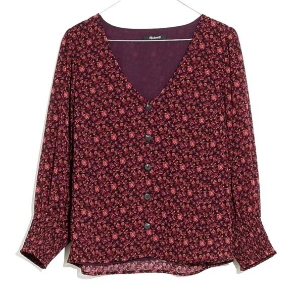 Madewell Orchard Floral Georgette Smocked-Cuff Button-Up Blouse Button-Front 12 - Picture 12 of 13